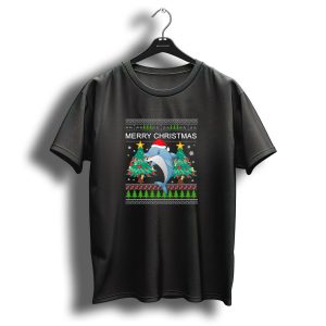 Merry Christmas Dolphin Santa Hat Festive Trees Snowflakes Holiday T Shirt