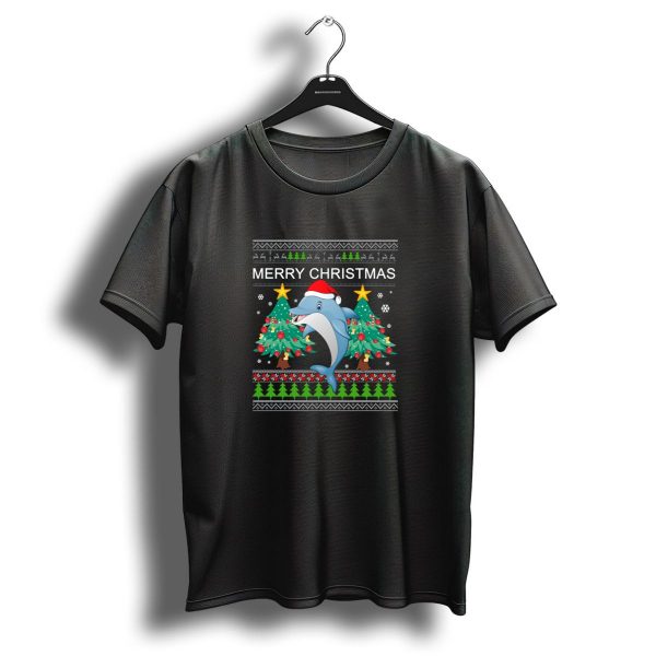Merry Christmas Dolphin Santa Hat Festive Trees Snowflakes Holiday T Shirt 1 t shirt 1