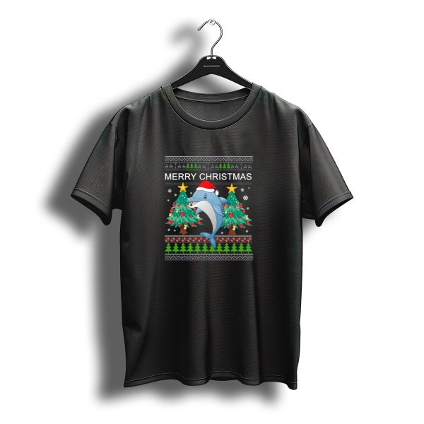 Merry Christmas Dolphin Santa Hat Festive Trees Snowflakes Holiday T Shirt t shirt 1