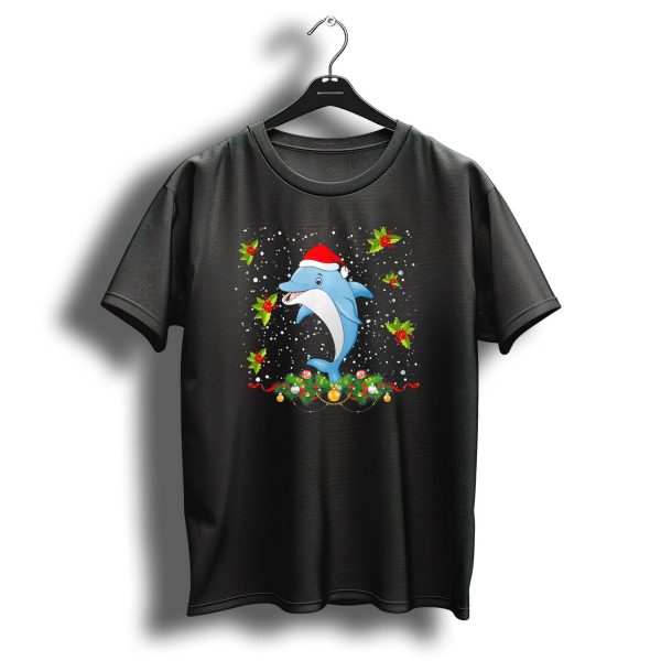 Merry Christmas Dolphin Santa Hat Holly And Snowflakes T Shirt 1 t shirt 1