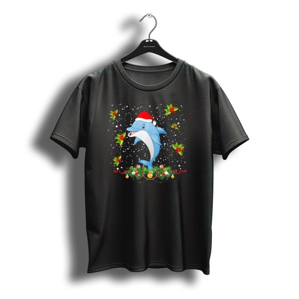 Merry Christmas Dolphin Santa Hat Holly And Snowflakes T Shirt t shirt 1