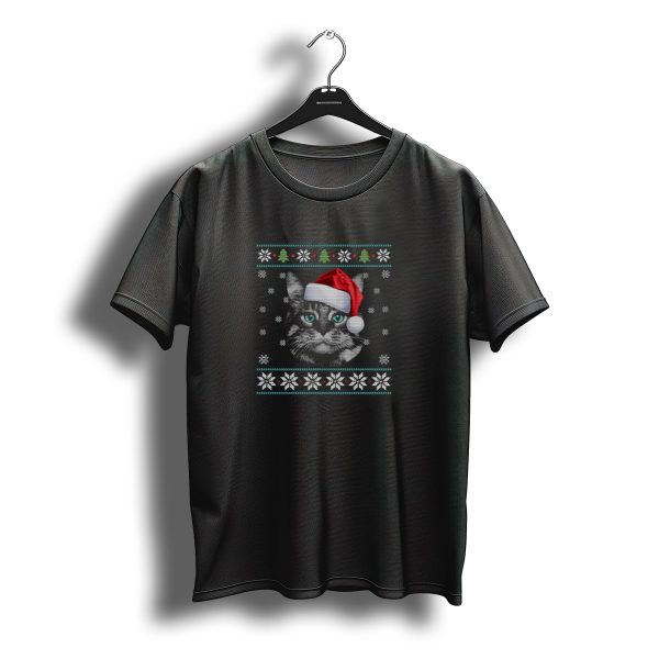 Merry Christmas Domestic Breed Cat With Santa Hat And Snowflake T Shirt t shirt 1
