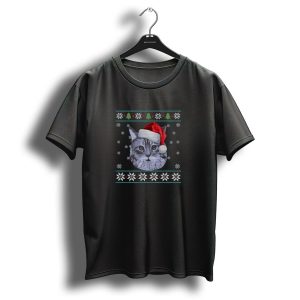 Merry Christmas Domestic Medium Hair Cat Ugly Sweater Snowflakes Santa Hat Holiday Trees T Shirt