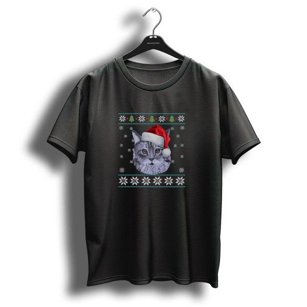 Merry Christmas Domestic Medium Hair Cat Ugly Sweater Snowflakes Santa Hat Holiday Trees T Shirt 1 t shirt 1