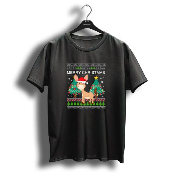 Merry Christmas Donkey Santa Hat With Christmas Trees And Snowflakes T Shirt 1 t shirt 1