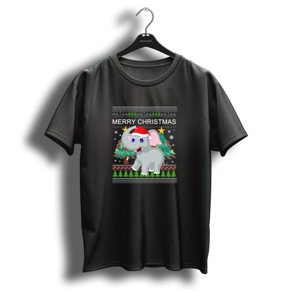 Merry Christmas Elephant Santa Hat Christmas Trees Snowflakes T Shirt 1 t shirt 1