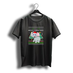 Merry Christmas Elephant Santa Hat Christmas Trees Snowflakes T-Shirt