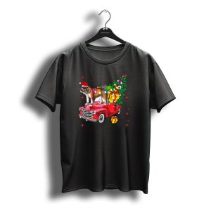 Merry Christmas English Bulldog On Red Truck With Santa Hat And Gifts T-Shirt