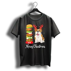 Merry Christmas English Bulldog Reindeer Hat Dog Burger T-Shirt
