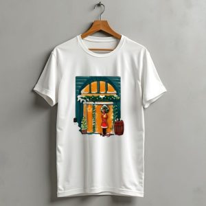 Merry Christmas Festive Door Snowman And Holiday Decor Scene T Shirt 1