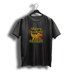 Merry Christmas Festive Trex Dinosaur With Santa Hat And Xmas Trees T-Shirt