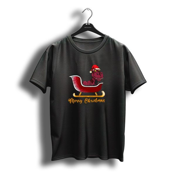 Merry Christmas Festive Trex In Sleigh With Santa Hat T Shirt t shirt 1