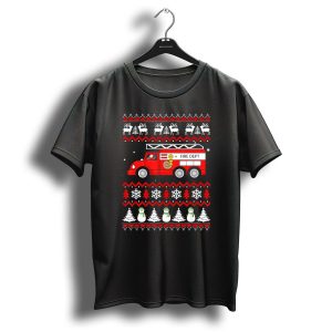 Merry Christmas Fire Department Truck Snowflakes Reindeer Trees T Shirt