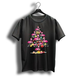 Merry Christmas Flamingo Quilting Tree With Santa Hats And Gifts T Shirt