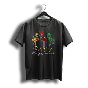 Merry Christmas Flamingo Santa Hat Reindeer Horns Xmas Light T-Shirt