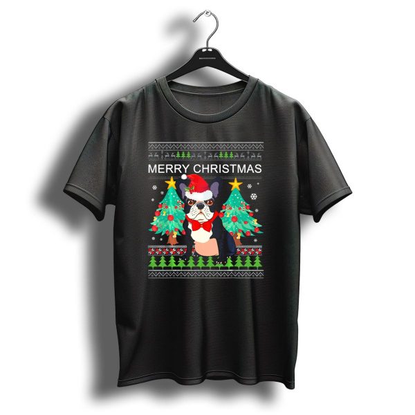 Merry Christmas French Bulldog Funny Ugly Sweater Santa Hat Bow Tie Christmas Trees T Shirt 1 t shirt 1