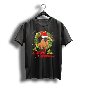 Merry Christmas French Bulldog Santa Hat Wreath Snowflakes T-Shirt
