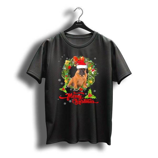 Merry Christmas French Bulldog Santa Hat Wreath Snowflakes T Shirt t shirt 1