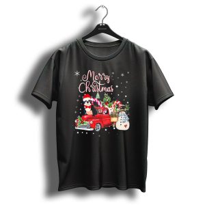 Merry Christmas French Bulldog Santa Riding Red Truck With Snowman And Candy Canes T Shirt