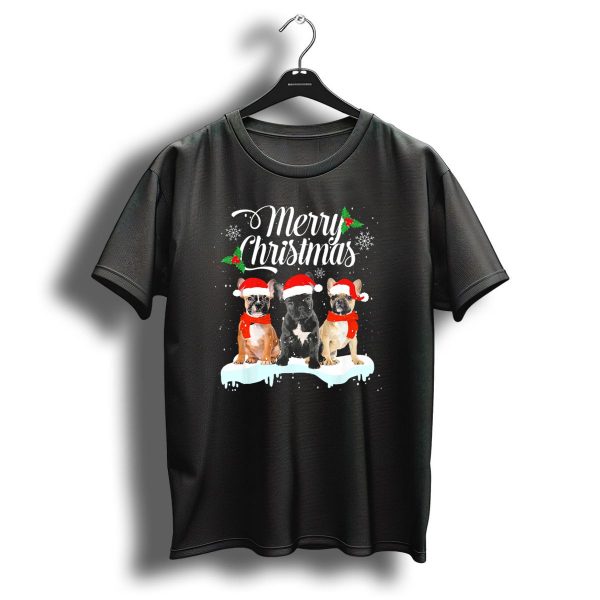Merry Christmas French Bulldog With Santa Hat And Snowflakes T Shirt 1 t shirt 1