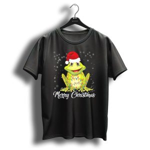 Merry Christmas Frog Santa Hat Lighted Snowflakes T Shirt