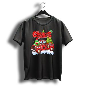 Merry Christmas Frog With Heart On Red Truck With Trees And Gifts T Shirt