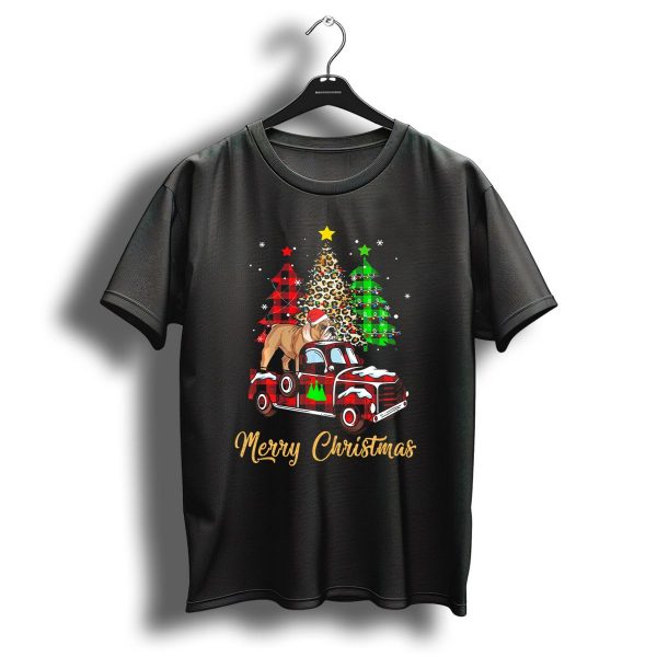 Merry Christmas Funny English Bulldog Red Plaid Truck Snow Trees T Shirt 1 t shirt 1