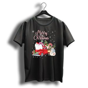 Merry Christmas Funny Maltese Dog On Red Truck With Snowman And Candy Canes T-Shirt