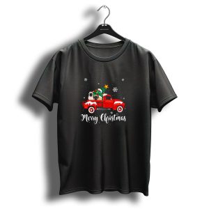 Merry Christmas Funny Mastiff Ride Red Truck Snowflakes Christmas Tree T-Shirt