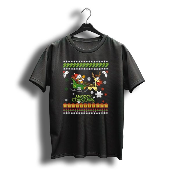 Merry Christmas Garfield Santa Sleigh With Reindeer Odie Snowflakes And Holly T Shirt t shirt 1