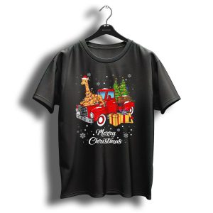 Merry Christmas Giraffe Rides Red Truck With Gifts And Snowflakes T Shirt
