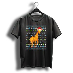 Merry Christmas Giraffe Uglysan Santa Hat Festive Pattern Snowflakes Trees T Shirt