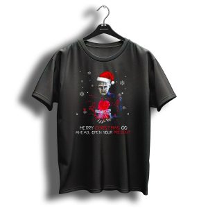 Merry Christmas Go Ahead Open Your Present Pinhead Santa Hat Snowflakes T Shirt