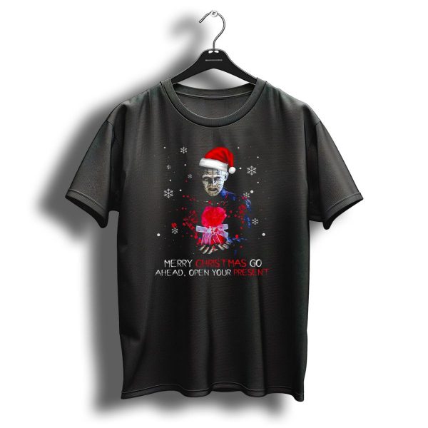 Merry Christmas Go Ahead Open Your Present Pinhead Santa Hat Snowflakes T Shirt 1 t shirt 1