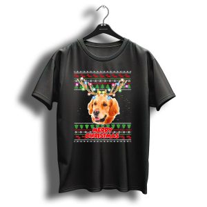 Merry Christmas Golden Retriever With Antler Lights T Shirt
