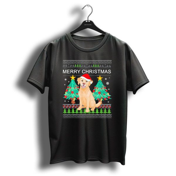 Merry Christmas Golden Retriever With Santa Hat And Christmas Trees T Shirt 1 t shirt 1