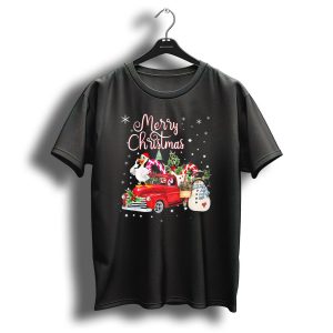 Merry Christmas Goose Riding Red Truck With Snowman And Candy Canes T Shirt