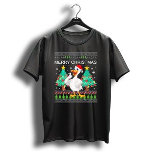 Merry Christmas Goose With Santa Hat And Festive Trees T Shirt