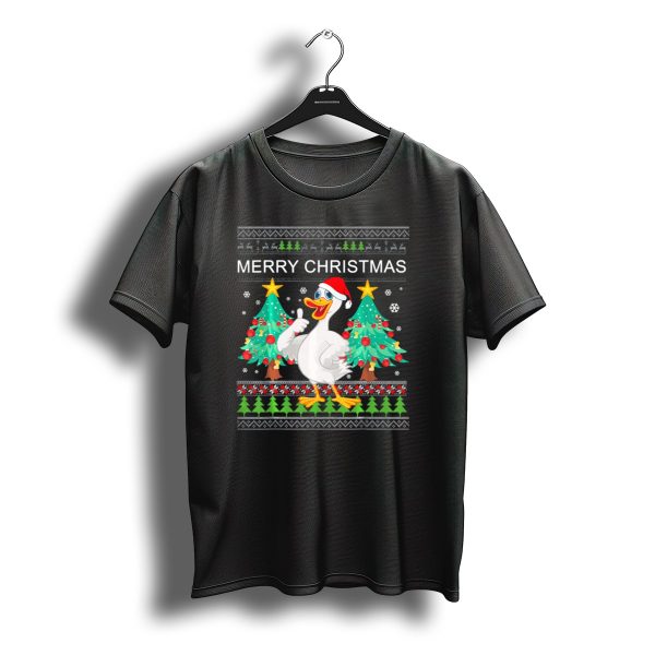 Merry Christmas Goose With Santa Hat And Festive Trees T Shirt t shirt 1