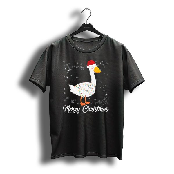 Merry Christmas Goose Wrapped In Lights With Santa Hat Snowflakes T Shirt t shirt 1