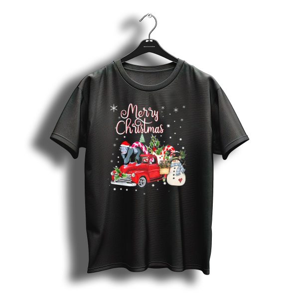 Merry Christmas Gorilla In Santa Hat Riding Festive Red Truck With Snowman T Shirt t shirt 1