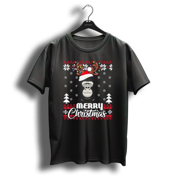 Merry Christmas Gorilla Santa Hat Antler Uglyst T Shirt 1 t shirt 1
