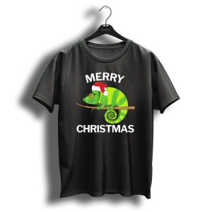 Merry Christmas Green Chameleon Santa Hat T Shirt 1
