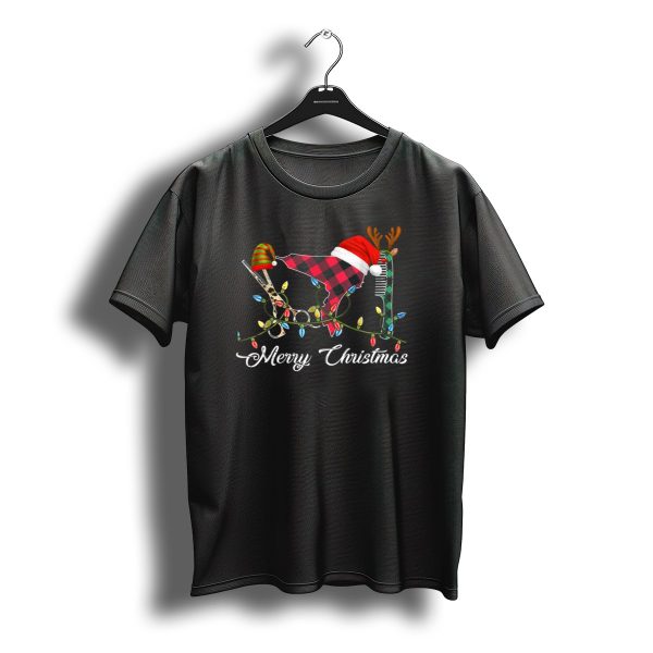 Merry Christmas Hair Stylist Tools With Santa Hat Scissors And Antler Comb T Shirt t shirt 1