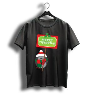 Merry Christmas Hedgehog Festive Sign With Holly And Santa Hat T Shirt