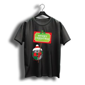 Merry Christmas Hedgehog Festive Sign With Holly And Santa Hat T-Shirt