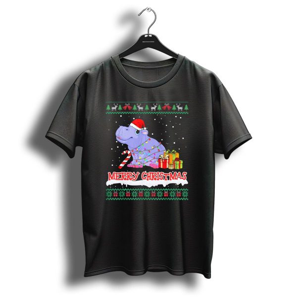 Merry Christmas Hippopotamus Lights Candy Cane Presents T Shirt 1 t shirt 1
