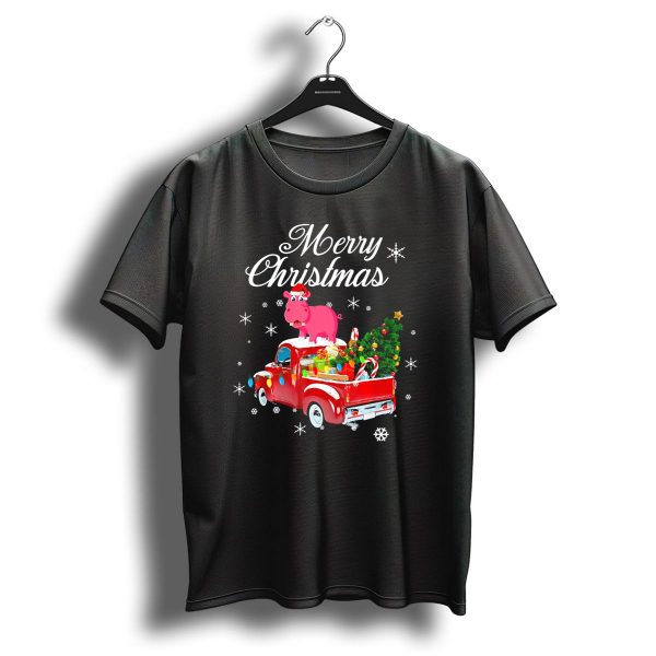 Merry Christmas Hippopotamus On Red Truck With Christmas Tree And Gifts T Shirt 1 t shirt 1