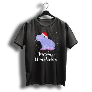Merry Christmas Hippopotamus Wearing Santa Hat T Shirt