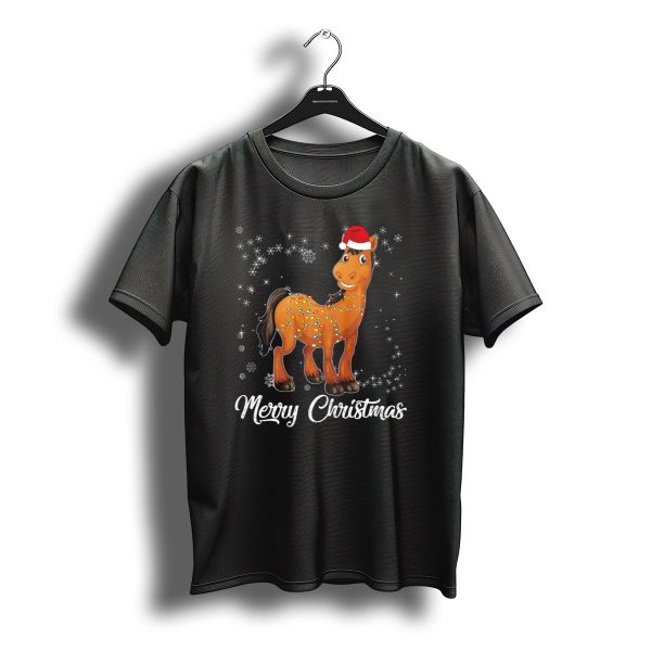 Merry Christmas Horse With Lights And Santa Hat T Shirt t shirt 1